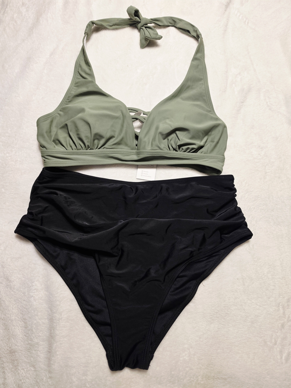 Cupshe Tummy Control High-Waist Two-Piece Swim Set - Sage Top & Black Bottom